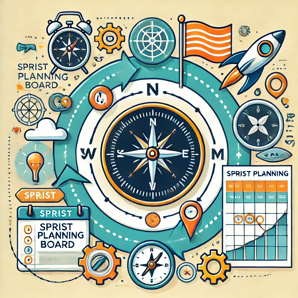 A colorful planning board illustration features a large central compass surrounded by various icons, including a rocket, clock, calendar, graph, pencils, gears, and an orange flag. "SPRIST PLANNING BOARD" is written in several places, along with a filled planning chart.