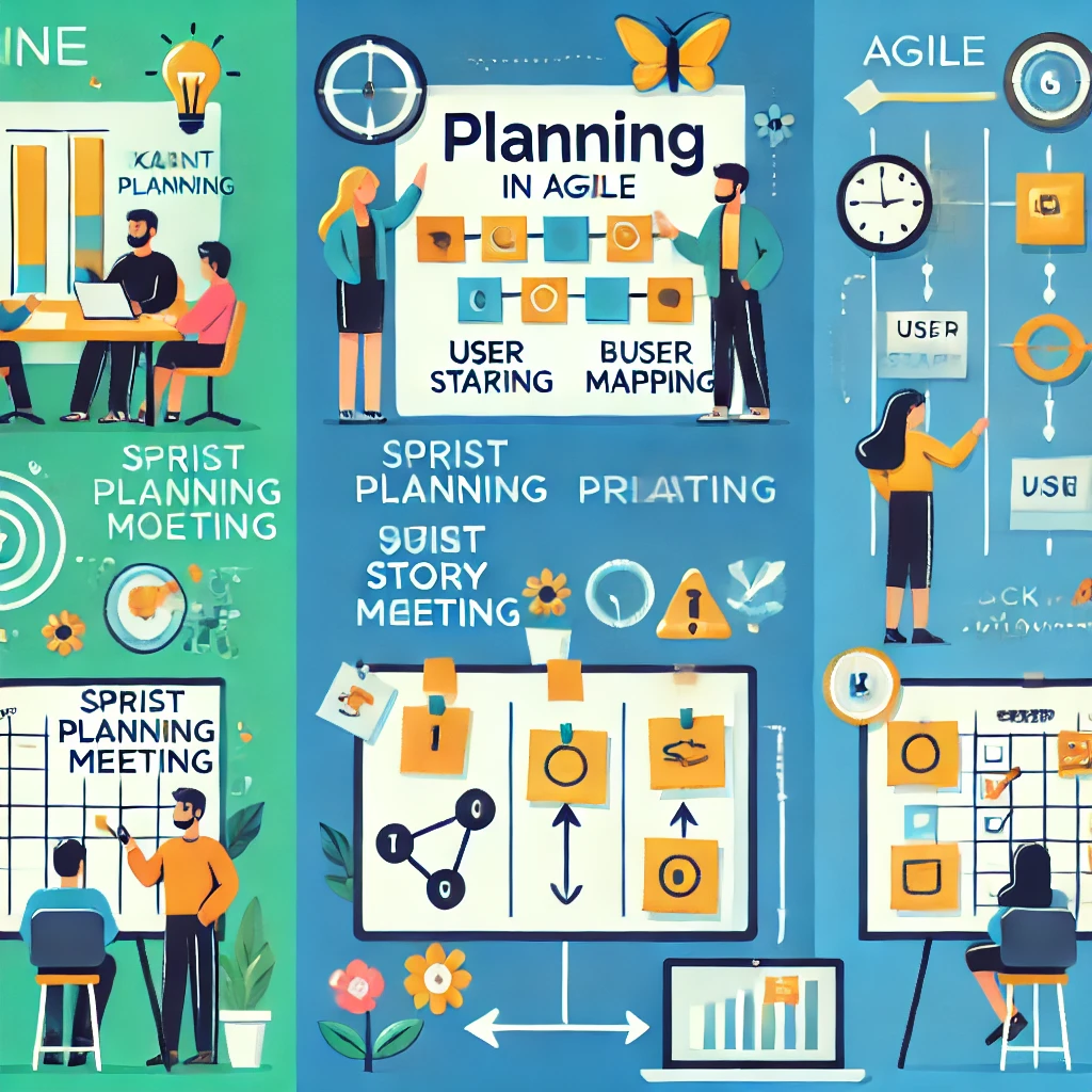 An illustrated image showing various agile planning activities. People collaborate around planning boards and charts with terms like "SPRINT PLANNING," "USER STORY," and "PLANNING IN AGILE" prominently featured. Colorful icons and graphics depict teamwork and strategy.