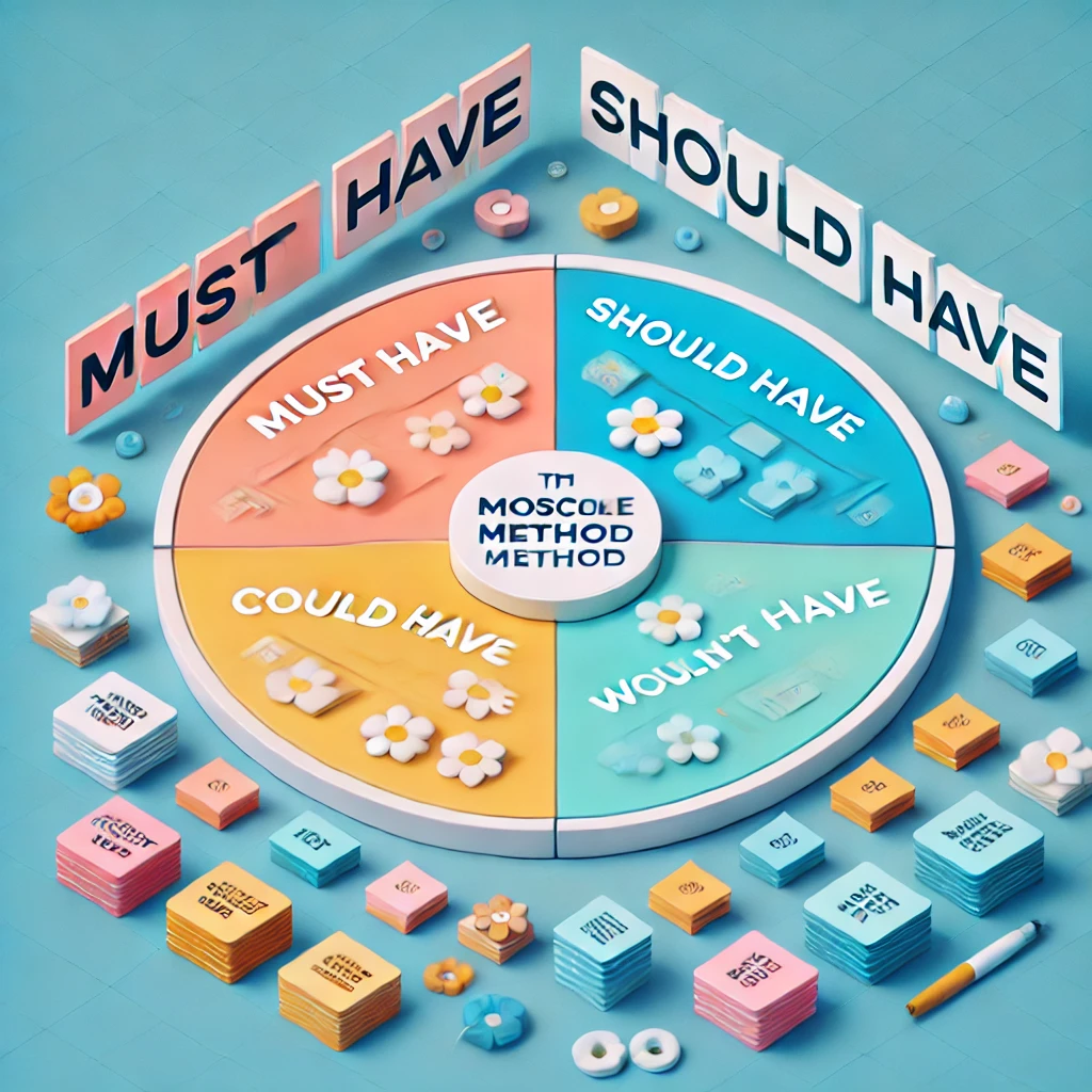 A visual representation of the MoSCoW method for prioritization, divided into four quadrants: Must Have, Should Have, Could Have, and Wouldn't Have. Each quadrant is color-coded and labeled. Around the circle are sticky notes, flowers, and various project items.