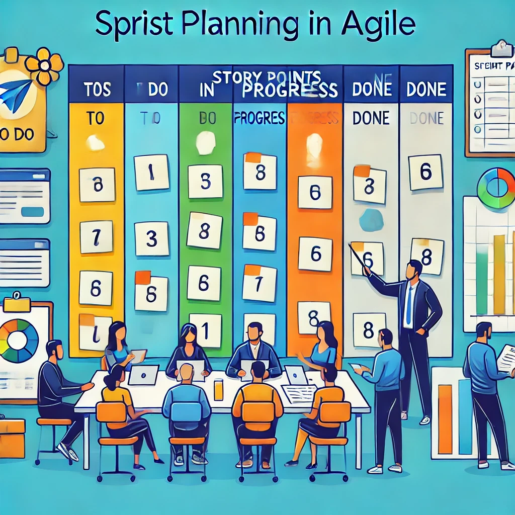 Illustration of a team conducting a sprint planning meeting in an agile workspace. Team members sit around a table with laptops, while one person stands, pointing at a Kanban board displaying columns: To Do, In Progress, Done, and story points numbers.