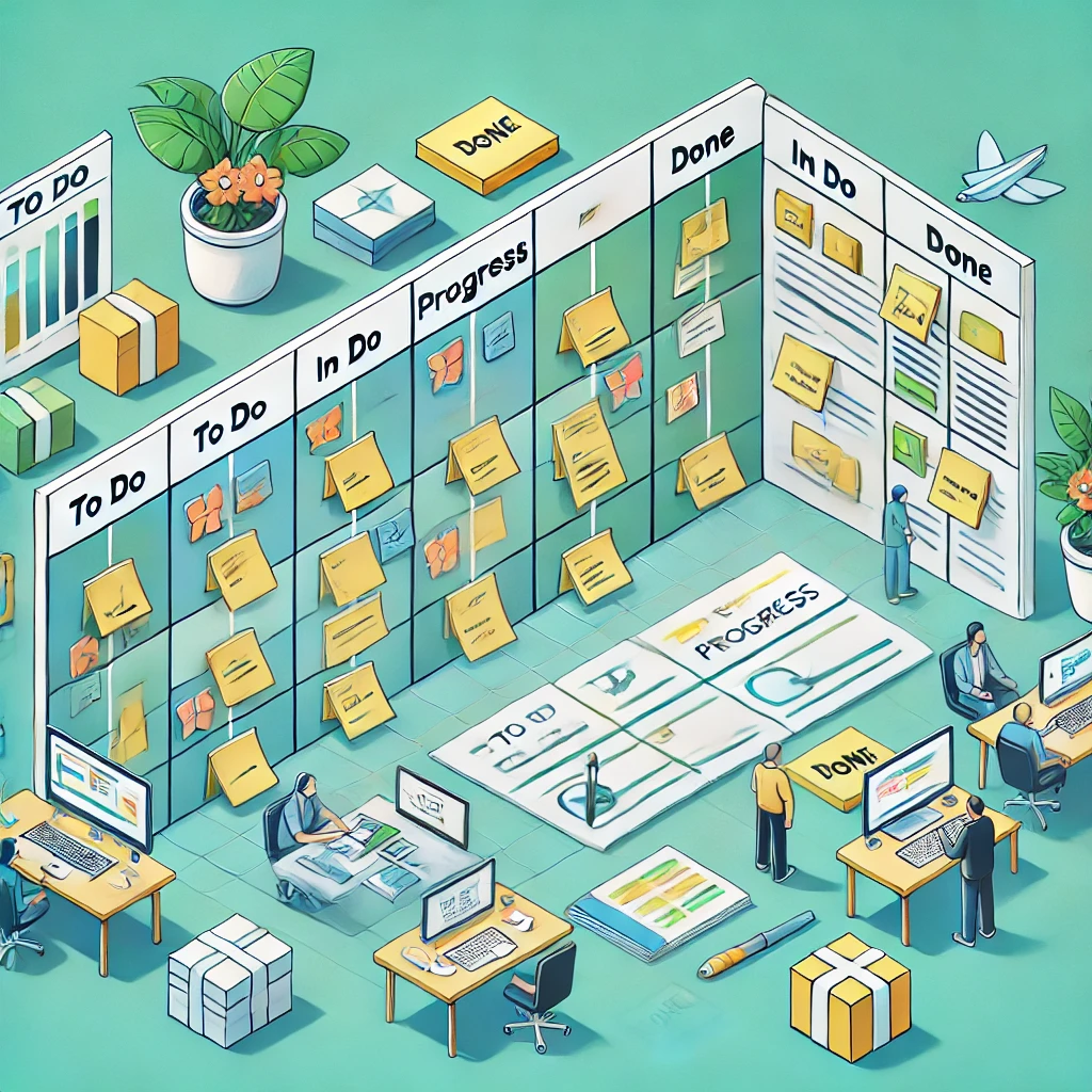 Illustration of a project management workspace with a Kanban board labeled "To Do," "In Do," "Progress," and "Done." People work at desks with computers, sticky notes on walls, plants, graphs, and checklists, and an airplane drawing on a teal background.