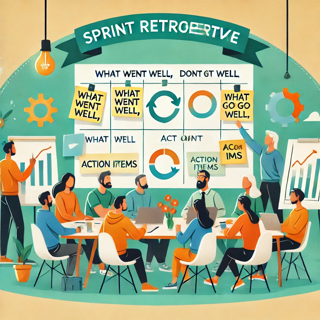 A diverse team of people sitting around a table, conducting a sprint retrospective meeting. Behind them is a board with columns labeled "What Went Well" and "What Didn't Go Well," featuring sticky notes and icons. Charts and graphs are displayed on easels.