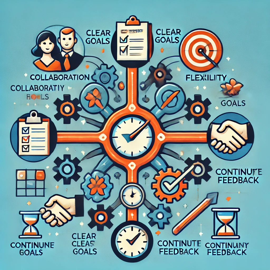 Illustration depicting a productivity workflow diagram with interconnected gears and icons representing goals, collaboration, flexibility, continuous feedback, and task progress. Elements include clipboards, targets, clocks, checkmarks, handshakes, and hourglasses.